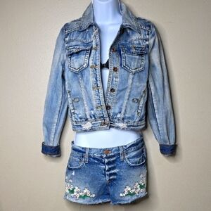146 White Crow Blue Denim Jacket Pairs With AO Embroidard Jean Shorts Bundle